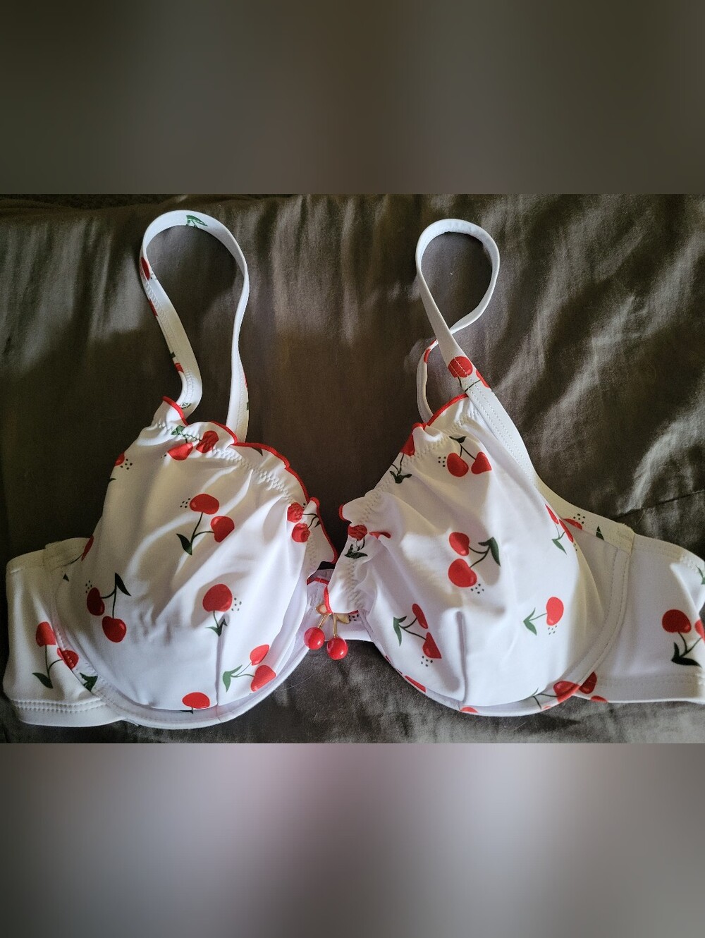 White Cherry Print Underwire Bikini Top 1x D CUP